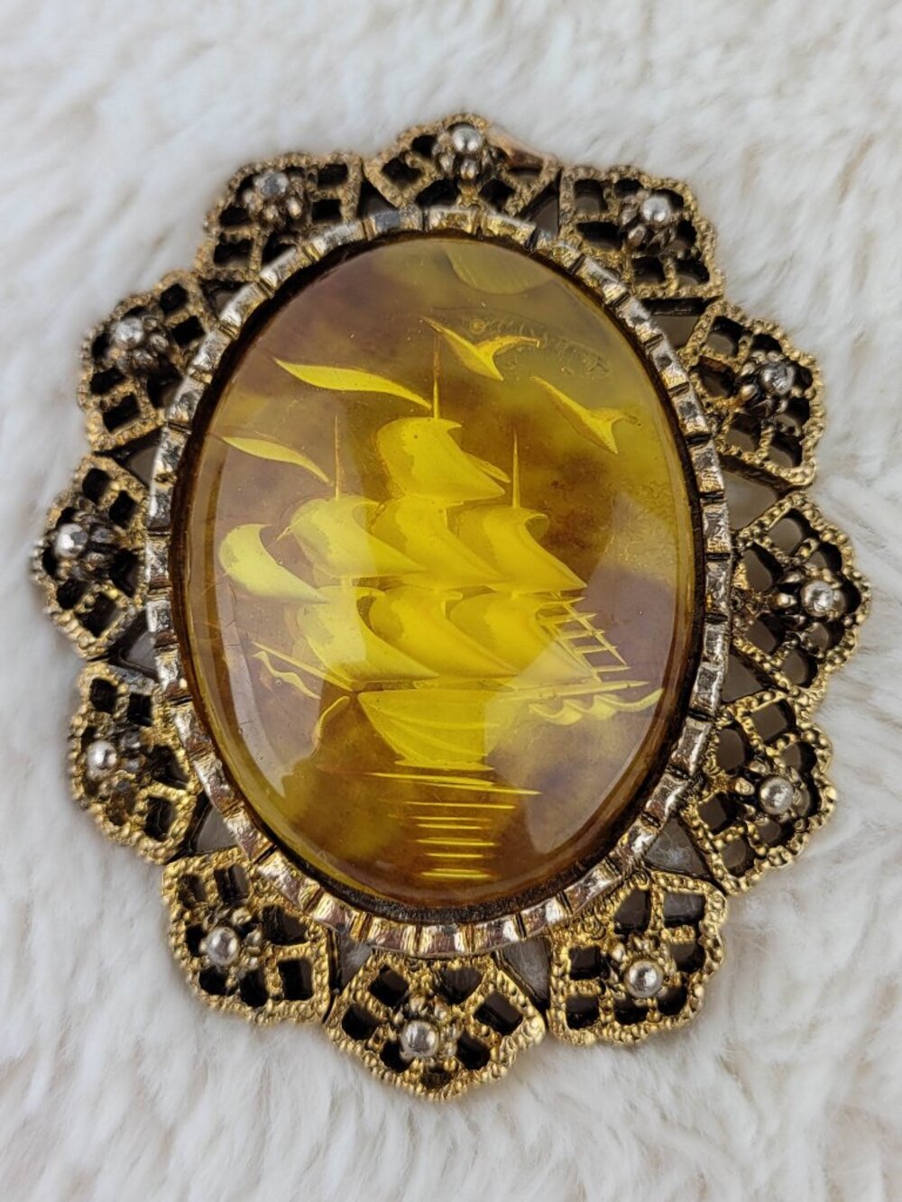 1960s Vintage Yellow Lucite and Gold Tone Metal Filigree Ship Brooch